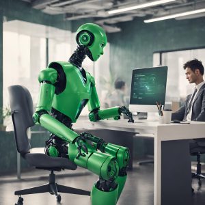 Green AI Robot working at desk in office
