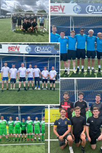 Group photos of staff after completing charity football match