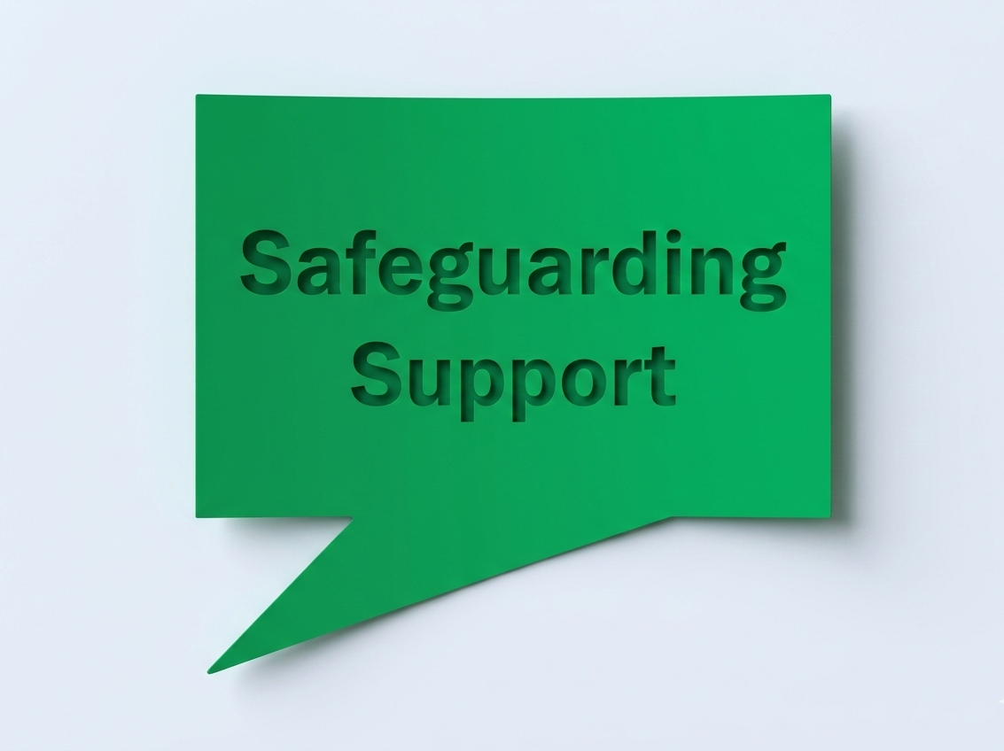 Speech Bubble that read Safeguarding support. to represent signposting and advice